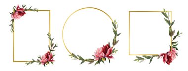 El çizimi altın geometrik çerçeveler. Beyaz arka planda şakayık ve yeşil dallar. Suluboya çiçekler. Kart kalıbı. Düğün konsepti. Tebrik kartı, davetiye, poster tasarımı