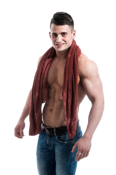 Half-length portrait of naked sportsman with towel, isolated on white — Stock Photo, Image