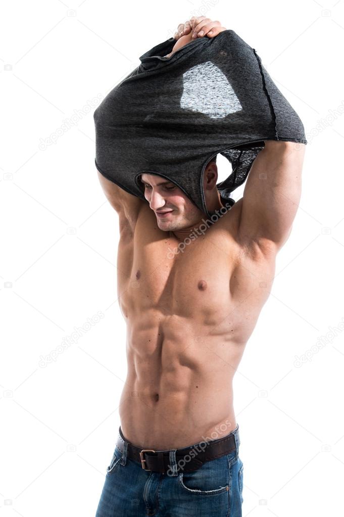 putting on a shirt