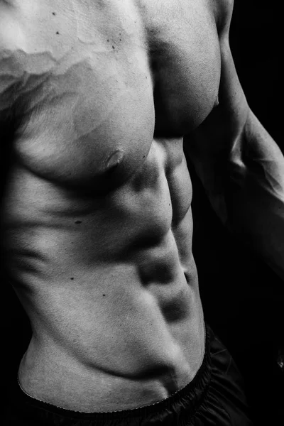 멋진 완벽 한 섹시 한 강한 감각적인 맨 몸통 abs pectorals 6 팩 근육 가슴 흑백 스튜디오, 수직 그림의 — 스톡 사진