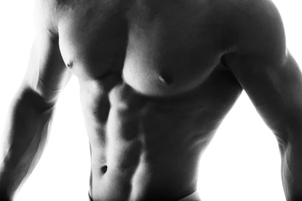 Close up of muscular bodybuilder guy doing exercises with weights isolated on white. Monochrome — Stock Photo, Image