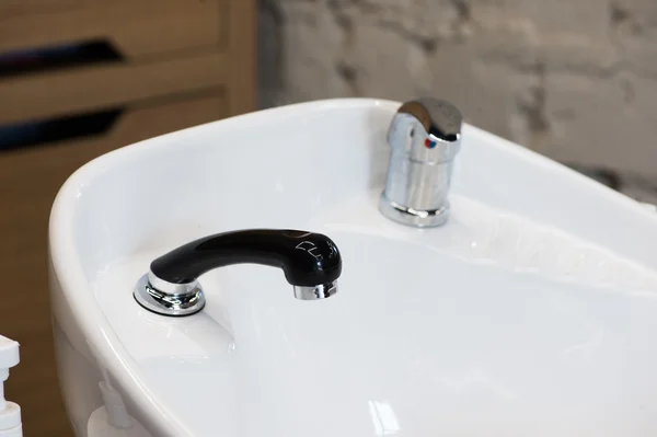 White triple hair washing sink for hairdresser salon closeup — Stock Photo, Image