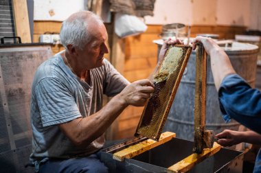 El, bal peteklerini çerçeveye bal ile tıkamak için bir kazıyıcı kullanıyor. Arıcı Bal Tarağını Aç.