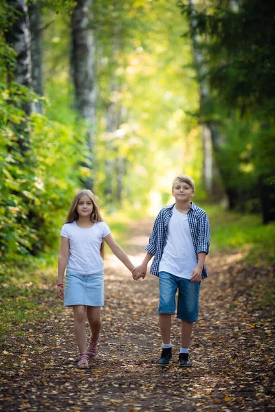 Mooie jongen en meisje wandelen in het prachtige zomer bos — Stockfoto