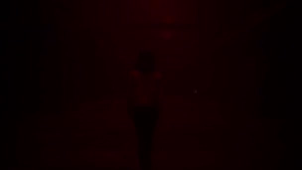 Aparat fotograficzny podąża za młodą brunetką w czerwonej kurtce spaceruje szybko wzdłuż długiego korytarza z błyskami w ciemności. — Wideo stockowe