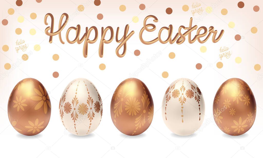 Golden eggs. Easter golden eggs with a pattern. Easter card with gold painted eggs. Golden egg with a pattern. White egg with gold pattern. Easter background with golden eggs.