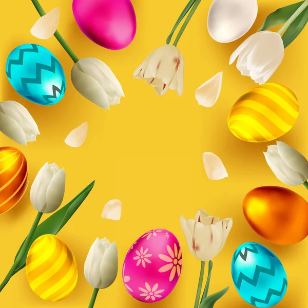 Fondo Pascua Con Huevos Flores Primavera Tulipanes Blancos Tarjeta Amarilla — Vector de stock