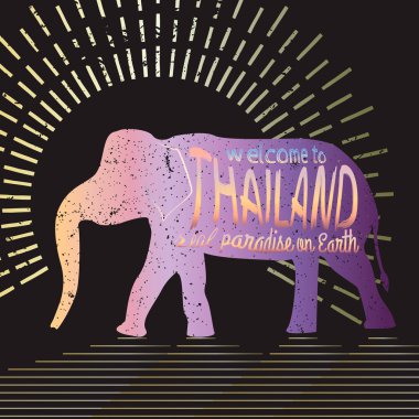 Tayland vektör tipografi illüstrasyon. Asya fili yazıtlı bir siyah arka plan üzerinde sunulan silüeti.