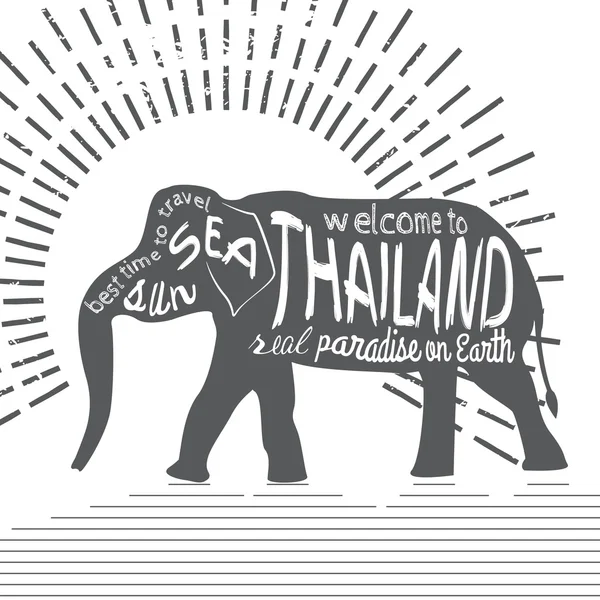 Thailand vector typography Illustration. Silhouette of an Asian elephant with inscriptions presented on a white background. — Stock Vector