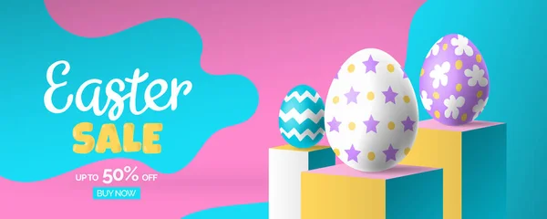 Paskalya indirimi web pankartı tasarımı. Podyumlarda 3D yumurta ve son moda vektör illüstrasyonu.