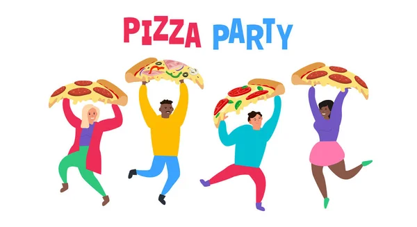 Pizza Party Młodych Wesołych Ludzi Plasterkami Wektor Ilustracji — Wektor stockowy