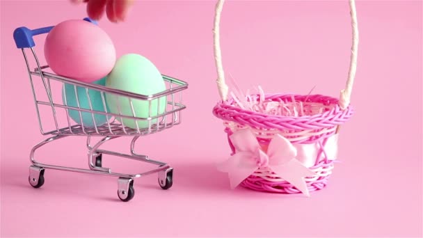 Happy Easter Woman Hand Take Colored Egg Shopping Cart Wicker — Stock Video