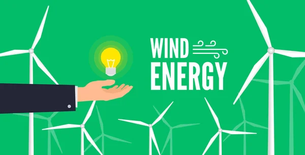Rüzgar enerjisi ekolojisi yeşil yenilenebilir teknoloji elinde ampul ve türbinler web pankartı tasarımı 