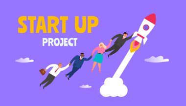 Roket vektör çizimi üzerinde uçan iş adamları başlat