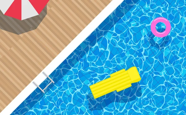 Üst görünüm yüzme havuzu. Su yüzeyinde yüzen şilte halkası şemsiyesi. Dikey arka plan çapraz bileşimi.