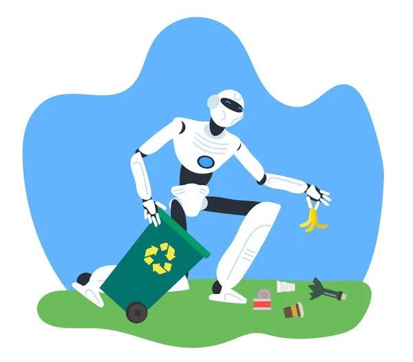 Robot insanımsı çöp konteynırına atık topluyor. Robotik teknoloji çizimi