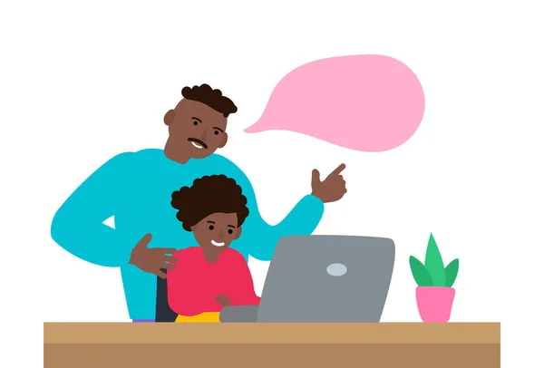 非洲裔美国父亲和女儿使用笔记本电脑的在线教育概念 — 图库矢量图片