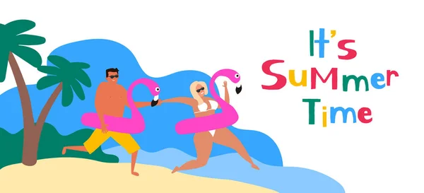 Zomer Gelukkig Paar Tropisch Strand Met Opblaasbare Flamingo Vector Illustratie — Stockvector