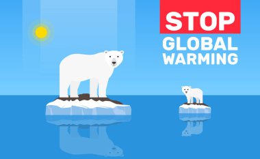 Küresel ısınma değişimini durdur. Kutup ayısı ve küp buzdağının eriyen vektör illüstrasyonunda