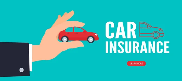 Car Insurance Web Banner Design Hand Holding Small Red Automobile — Stock Vector
