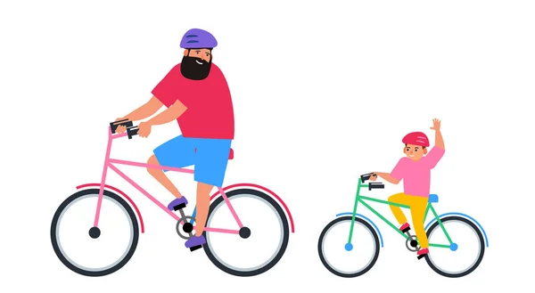 Baba ve oğul kaskla bisiklet sürüyor, vektör düz çizim.