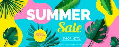 summer sale banner design with tropical leaves on geometric colorful abstract shapes background clipart