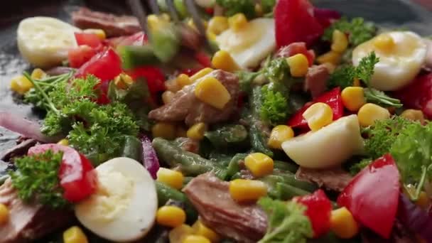 ゆで卵コーントマトと健康的なマグロのサラダを食べる赤玉ねぎパセリ緑豆を閉じる — ストック動画