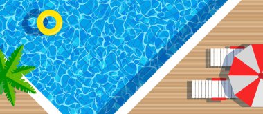 yüzme havuzu üst görünümü yaz tatili su halkası şemsiyesi palmiye ağacı yatay afiş illüstrasyon