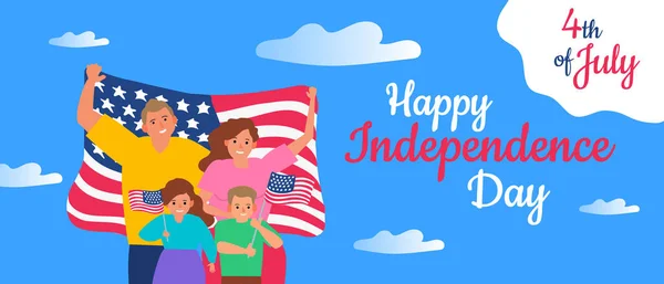 4Th July Usa Independence Day Happy Caucasian Family Flags Blue — Stock Vector