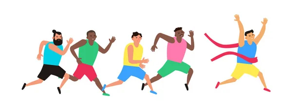 Asiatische Mann Läufer Überqueren Ziellinie Männer Leichtathletik Lauf Sprintrennen Wettbewerb — Stockvektor
