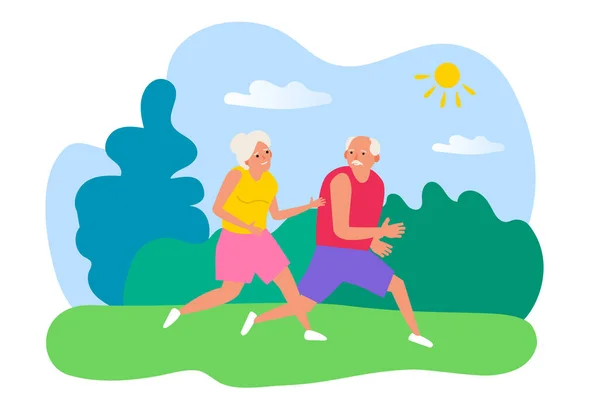 Happy Senior Couple Running Park Healthy Lifestyle Vector Illustration — Stock Vector