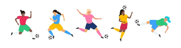 Fußballerinnen Mit Ball Set Vektor Illustration — Stockvektor