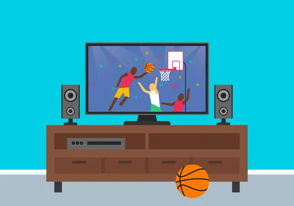 TV stand .Basketbol maç çevirisi ekran vektörü düz illüstrasyon