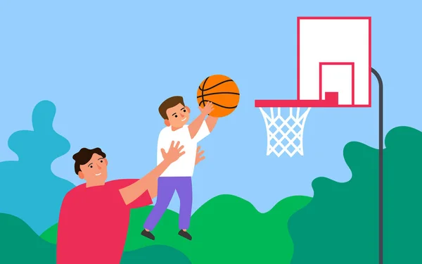 Отец Сын Вместе Играют Баскетбол Свежем Воздухе — стоковый вектор