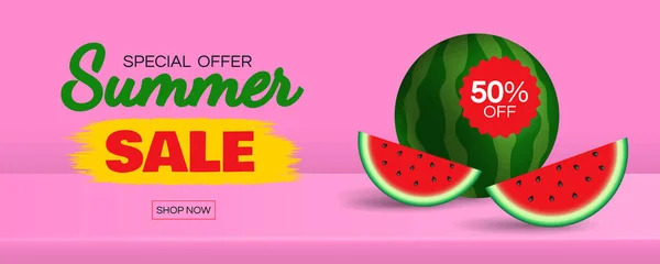 夏季销售水平网页横幅设计与西瓜片粉红背景矢量插图 — 图库矢量图片
