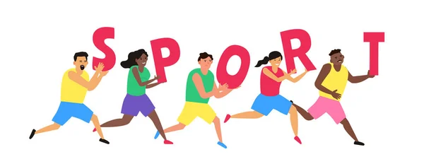 Multirracial Corriendo Personas Atletas Con Letterrs Deporte Palabra Vector Ilustración — Vector de stock