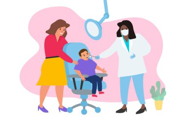 Kadın dişçi, dişçi çocuğu anne çocuk dişçilik vektör çizimi ile kontrol ediyor.