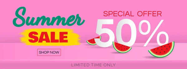 夏季销售特价网页横幅设计与西瓜片粉红背景矢量插图 — 图库矢量图片