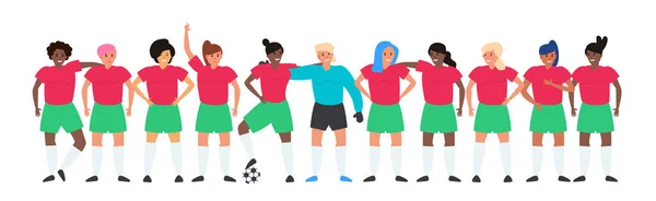 Kadın futbol takımı bayan futbolcular vektör illüstrasyonunda birlikte duruyorlar