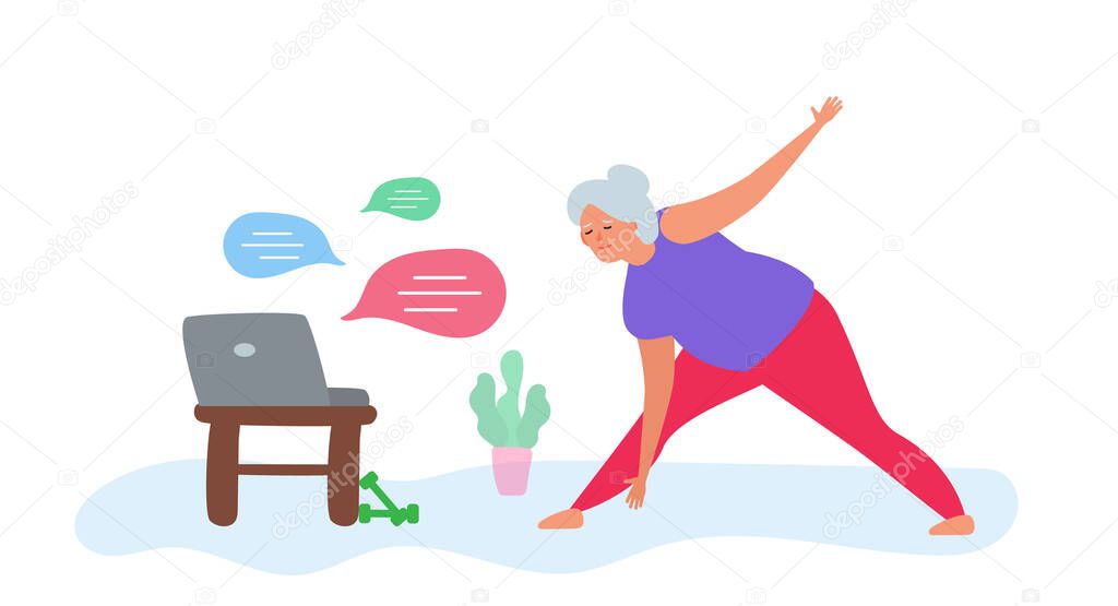senior woman doing exercise  at home watching laptop online training healthy lifestyle vector illustration