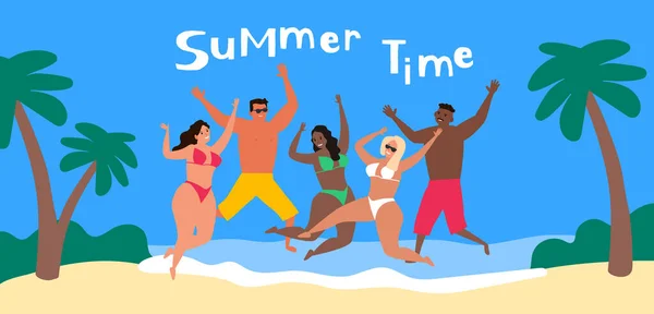 Grupo Tempo Verão Pessoas Felizes Pulando Praia Festa Vetor Ilustração — Vetor de Stock