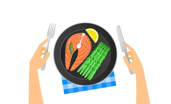 Hands Hold Fork Knife Salmon Steak Lemon Slice Asparagus Black — Stock Vector