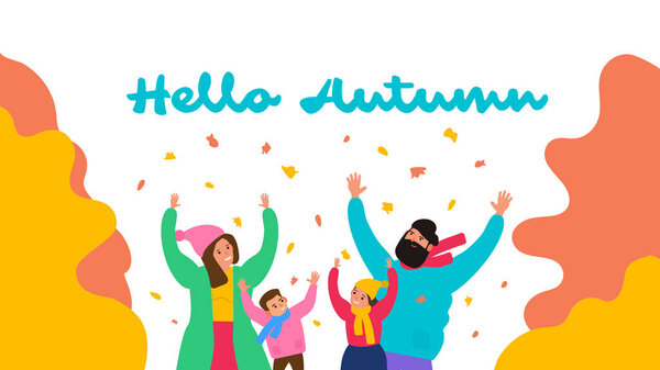 hello autumn happy family play with falling leaves vector illustration