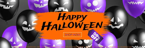 Halloween Venda Faixa Web Horizontal Com Balões Fundo Roxo Vetor — Vetor de Stock