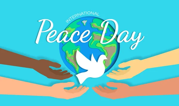 Uluslararası barış günü çok ırklı eller güvercin ve dünya pankartı tasarımı vektör illüstrasyonunu kesti