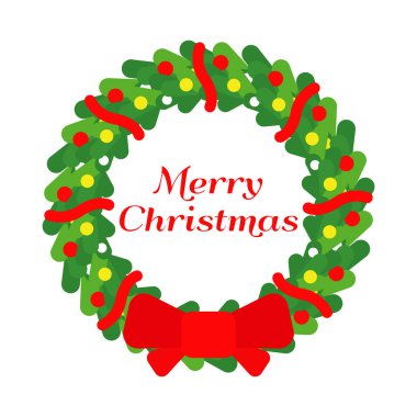 Beyaz arkaplan vektör illüstrasyonuna izole edilmiş yay ve toplarla noel çelengi