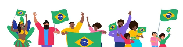 Gruppe Glücklicher Brasilianer Mit Fahnen Unabhängigkeitstag Feier Vektor Illustration — Stockvektor