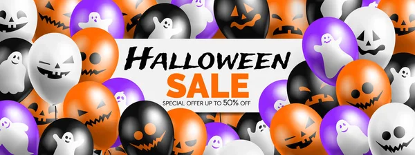 Heureux Halloween Vente Bannière Web Avec Orange Pourpre Blanc Ballons — Image vectorielle