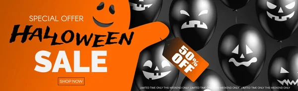 Halloween Venta Pancarta Web Horizontal Con Lindo Fantasma Naranja Globos — Vector de stock