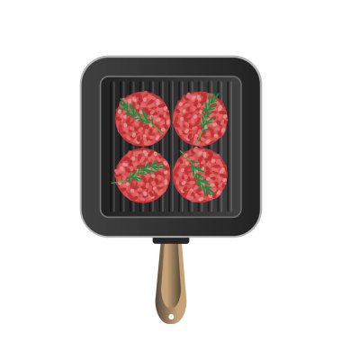 Izgarada hamburgerli köfte kızartma tava görüntülü vektör illüstrasyonu